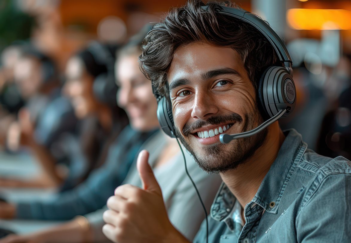 Business man working in an office giving thumbs up to managed services
