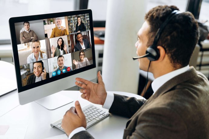 Man on a group call, managed infrastructure, doing business together online